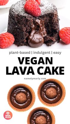 vegan lava cake with chocolate frosting and raspberries on top