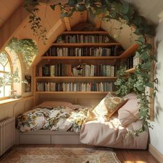 a bedroom with a bed, bookshelf and plants