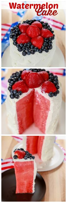 the cake is decorated with strawberries and blueberries