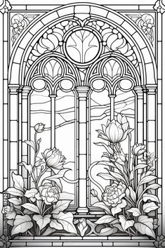 a stained glass window with flowers and leaves on the outside, in black and white