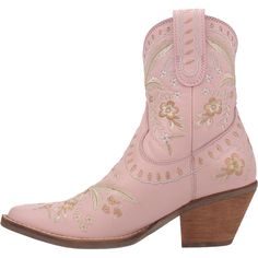 This Dingo Primrose Leather Bootie DI 748 is soft, wearable leather with pretty embroidered flowers and lacing detail that make the Primrose ready for the garden party, the festival, and nights on Lower Broadway. So kick your style up a notch. FEATURES: LEATHER 7" HEIGHT 12" CIRCUMFERENCE Heel Height: 2 1/2" HINGED CUSHION INSOLE COWBOY HEEL Embroidered Boots For Spring Festivals, Spring Festival Embroidered Boots, Floral Embroidered Boots For Spring Festival, Floral Embroidery Boots For Spring Festival, Feminine Pink Boots For Spring, Spring Leather Boots With Floral Embroidery, Pink Embroidered Boots For Spring, Pink Leather Boots For Spring, Pink Embroidered Spring Boots