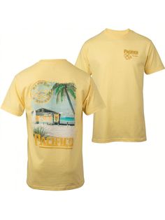 Officially licensed Pacifico Clara Beach Scene Front and Back Print T-Shirt. Made from cotton, this yellow t-shirt features a front and back print of the "Pacifico Clara" logo and a classic beach scene design.Pacifico Clara Beach Scene Front And Back Print T-Shirt Yellow Casual  Short Sleeve  Figure,Graphic,Letter,Tropical    Men Clothing, size features are:Bust: ,Length: ,Sleeve Length: Yellow Crew Neck T-shirt For Beach, Graphic Tee T-shirt For Beach With Back Print, Graphic Tee With Back Print For Beach, Graphic Tee With Back Print For The Beach, Graphic Tee T-shirt With Back Print For Beach, Yellow Beach Graphic Tee, Yellow Crew Neck Beach T-shirt, Yellow Short Sleeve T-shirt For Beach, Beach T-shirt With Letter Print In Yellow