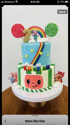 a multi - tiered cake decorated with cartoon characters and candy