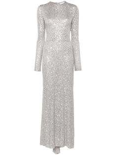 silver-tone sequin design round neck concealed rear zip fastening long sleeves elasticated waistband straight hem floor-length unlined Sequin Maxi Dress, Satin Gown, Sleeved Dress, Martin Margiela, Ball Gown Dresses, Silver Dress, Silk Satin, Jimmy Choo, Denim Dress