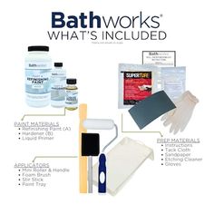 the contents of a bath works kit including gloves, cleaning cloths and other items