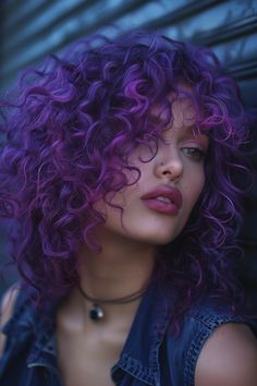 Hair Color Ideas Curly Natural Curls, Curly Vivid Hair, Purple Balayage Curly Hair, Short Purple Curly Hair, Dyed Hair For Curly Hair, Curly Hair Color Ideas Purple, Dark Purple Hair Curly, Short Curly Colored Hair, Curly Hair Under Dye