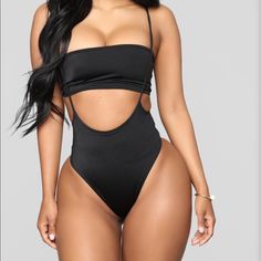 Brand New With Tags! Fashion Nova Overall Bikini In Black Black Seamless Bodysuit For Beach Season, Black Seamless Swimwear For Party, Seamless Black Swimwear For Party, Seamless Solid Swimwear For Party, Seamless Solid Color Swimwear For Party, Black Seamless Party Swimwear, Seamless Backless Swimwear For Night Out, Swim Fashion, Vacation Outfits