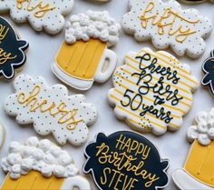 decorated cookies with beer and happy birthday sayings