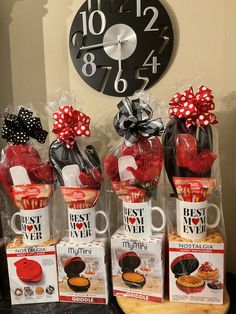 the coffee mugs are decorated with red and black bows for valentine's day