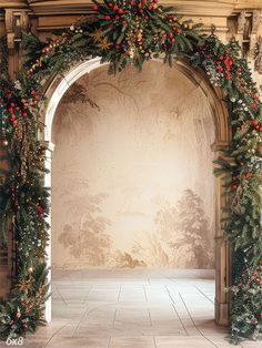 an archway decorated with christmas greenery and red berries is shown in front of a wallpapered background