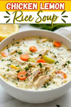 chicken lemon rice soup in a white bowl with carrots and celery on the side