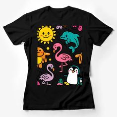 Cute Animal Cartoon T-Shirt, Colorful Flamingo, Dolphin, Penguin Kids Tee Female T-Shirt Custom graphic T-Shirt.Customize your color