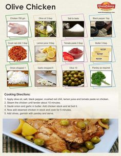 the recipe for olive chicken is shown in this brochure, with instructions on how to cook it