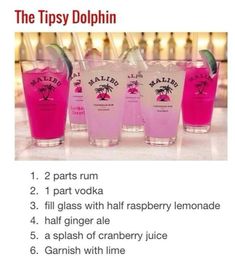 the tipsy dolphin cocktail recipe is shown in three glasses with pink liquid