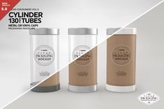 three cylinder packaging mockups are shown in this image