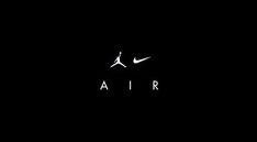 the nike air logo is shown on a black background with white letters and a silhouette of a person jumping in the air