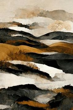 an abstract painting with brown, black and white colors on the top of it's mountain range