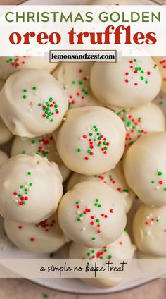 christmas gold oreo truffles on a white plate with green and red sprinkles