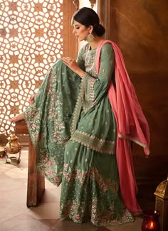 Sage Green & Coral Pink Designer Heavy Embroidered Georgette Sharara Suit-Saira's Boutique Sharara Suit Designs, Orang India, Georgette Sharara, Sharara Designs, Desi Wear, Gaun Fashion, Sharara Suit, Desi Clothes, Pakistani Bridal Dresses