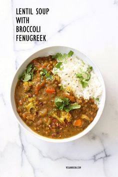 lentil soup with broccoli, fennel and white rice in a bowl