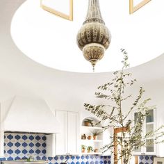 a kitchen with blue and white tiles on the walls, counter tops, and potted plant