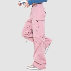 Material: 57% PolyesterFeatures: Pants, cargo pants, wide legs, zip pocket design, pleated, non-elastic, zipper front, drawstring, solid color, straight-leg, relaxed fit, unisex, couple outfits.Style: Casual, college, streetwear Pink Utility Wide Leg Parachute Pants, Pink Wide Leg Utility Parachute Pants, Pink Parachute Pants With Cargo Pockets, Casual Cargo Pants With Zip Fly For Outdoor, Relaxed Fit Casual Cargo Pants With Zip Fly, Outdoor Cargo Pants With Zip Fly, Pink Wide-leg Parachute Pants With Cargo Pockets, Casual Pants With Zip Fly For Outdoor Activities, Solid Wide-leg Techwear Parachute Pants