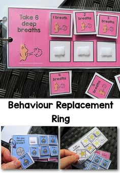 there is a pink and white sign with pictures on it that says, behavour replacment ring