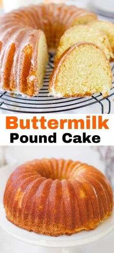 this is an image of buttermilk pound cake on a plate with the bundt cake cut in half