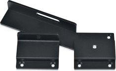 two black metal brackets are shown on a white background and one is facing the camera