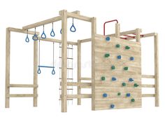 a wooden play structure with climbing bars, swings and water drops on the bottom half