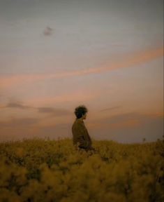 a person standing in the middle of a field with yellow flowers on it's side