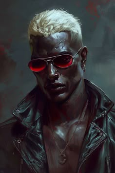 a painting of a man with sunglasses on his face and wearing a black leather jacket