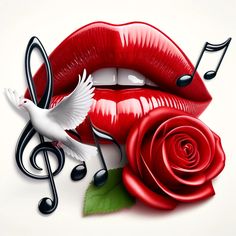 a red rose with music notes and a white dove