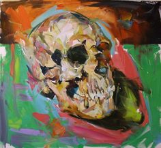 an oil painting of a skull on a green and red background