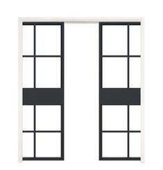 an open white and black double door with two panes on each side, in front of a white background