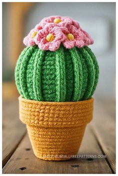 a crocheted cactus sitting on top of a wooden table