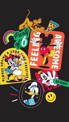 mickey mouse stickers and other items on a black background with the words party of 6