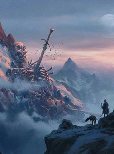 a man standing on top of a mountain next to a giant skull in the sky