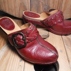 Reposhing This Item I Purchased From @Xbodyleather. These Looked Brand New When I Got Them And I've Only Worn Them A Handful Of Times. They're Gorgeous, But I'm Cleaning Out For A Move! Questions? Leave A Comment Below! Western Leather Clogs With Round Toe, Red Leather Mules With Leather Sole, Casual Red Leather Clogs, Red Leather Slip-on Mules, Red Leather Clogs With Leather Footbed, Red Leather Mules, Leather Clogs, Frye Shoes, Mule Clogs