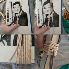 two pictures of the same person holding something in one hand and some rope on the other