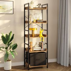 a book shelf with baskets and books on it in a room next to a potted plant