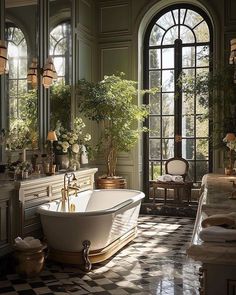 a bathroom with a checkered floor and an oval bathtub in the center surrounded by windows