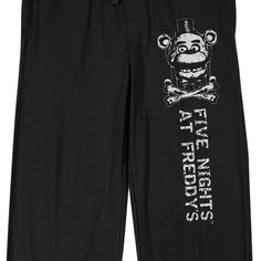 You'll survive the night in total comfort with these men's Five Nights At Freddy's pajama pants. You'll survive the night in total comfort with these men's Five Nights At Freddy's pajama pants. FEATURES 2 side pockets UnlinedFIT & SIZING 32-in. inseam length Elastic waistband with drawstring closureFABRIC & CARE Cotton, polyester Machine wash Imported Color: Black. Gender: male. Age Group: adult. Black Graphic Print Sleepwear For Loungewear, Black Graphic Print Sleepwear For Bedtime, Black Graphic Print Sleepwear, Black Relaxed Fit Sleepwear With Graphic Print, Black Letter Print Sleepwear For Loungewear, Black Letter Print Sleepwear, Black Relaxed Fit Sleepwear With Letter Print, Black Sleepwear With Letter Print And Relaxed Fit, Relaxed Fit Black Sleepwear With Letter Print