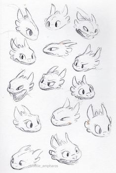 some drawings of different types of heads and eyes in various positions, including one with an open mouth