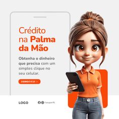 a woman holding a tablet computer next to an orange and white sign that says, credito na pauma da mao