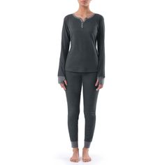 These top and bottom sets are made with a soft double knit cotton blend thermal fabric designed to provide you with a light layer of insulation and warmth without feeling thick and bulky. They are ideal for cold or mild weather conditions, and can be worn as underwear, loungewear, or sleepwear. The Henley Top has a stylish button front, long sleeves, and ribbed knit cuffs. The bottoms also have ribbed knit cuffs and a ribbed waistband with hidden elastic. You can't go wrong with these cute multi Stretch Cotton Winter Sleepwear, Ribbed Loungewear Sets For Winter, Winter Ribbed Loungewear Sets, Thermal Fabric, Womens Thermal, Top And Pants Set, Henley Top, Double Knit, Pant Set