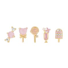 Got a sweet tooth? This set is perfect for you! These mismatched studs have been paired by our design team so you don't have to guess which ones will go great together! 18k gold plated, 18k rose gold plated, or rhodium plated over brass Cubic zirconia stones Sterling silver posts with butterfly backings Earring post is Cream Earrings, Baby Jewelry, Mismatched Earrings, Necklace Chain Lengths, Stud Set, Ethnic Style, Jewelry Companies, Kids Jewelry, Piercing Jewelry