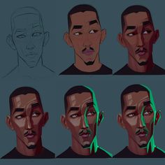 several different angles of the same man's face in various stages of drawing and animation