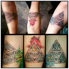 four different pictures of tattoos on the legs and arm, with watercolor splashes