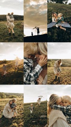 a collage of people standing in a field with one woman hugging the other's face